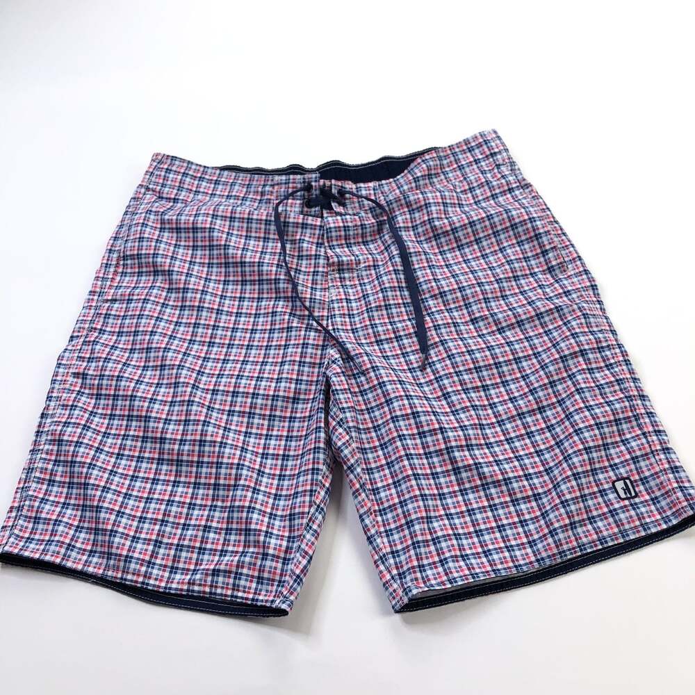 Johnnie-O Hybrid XL (Fit 36W) 100% Polyester Flat Front Chino Shorts Plaid Blue